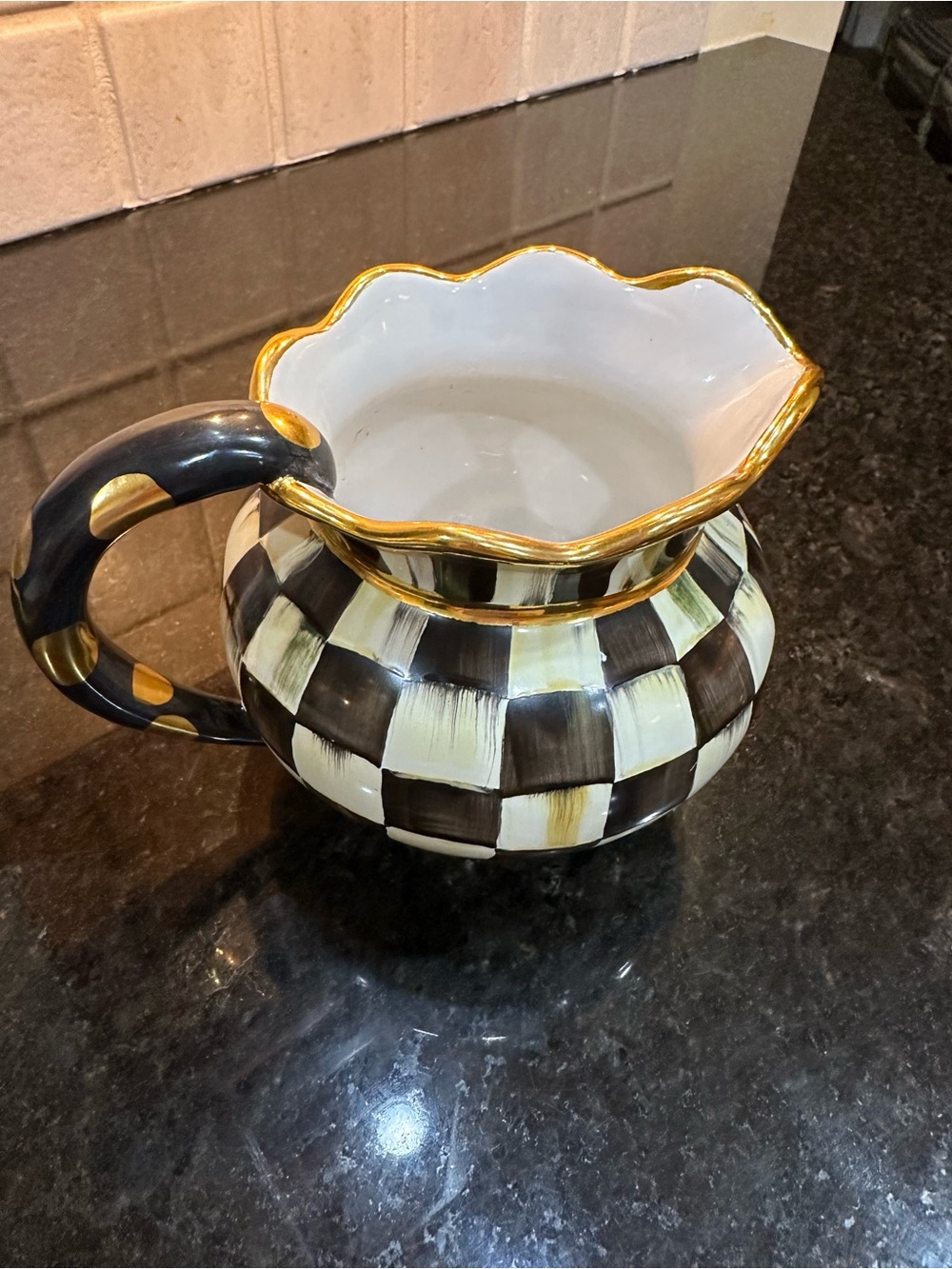 Mackenzie Childs courtly Check Ceramic Pitcher with Gold Trim - Cream and Black